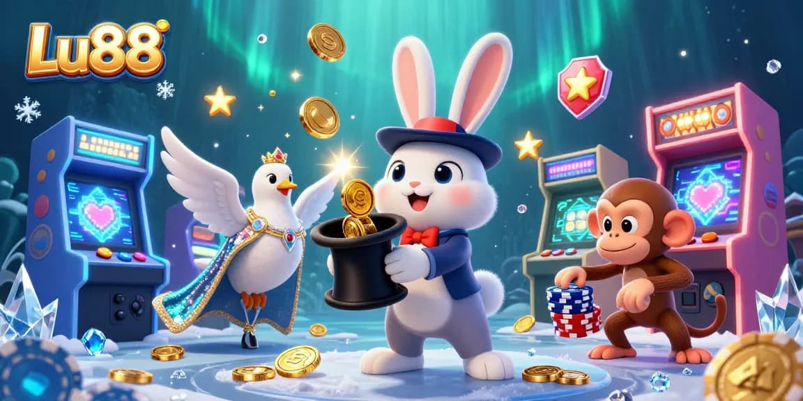 Experience big wins at Lu88 with a captivating magician rabbit pulling coins amidst colorful casino games.