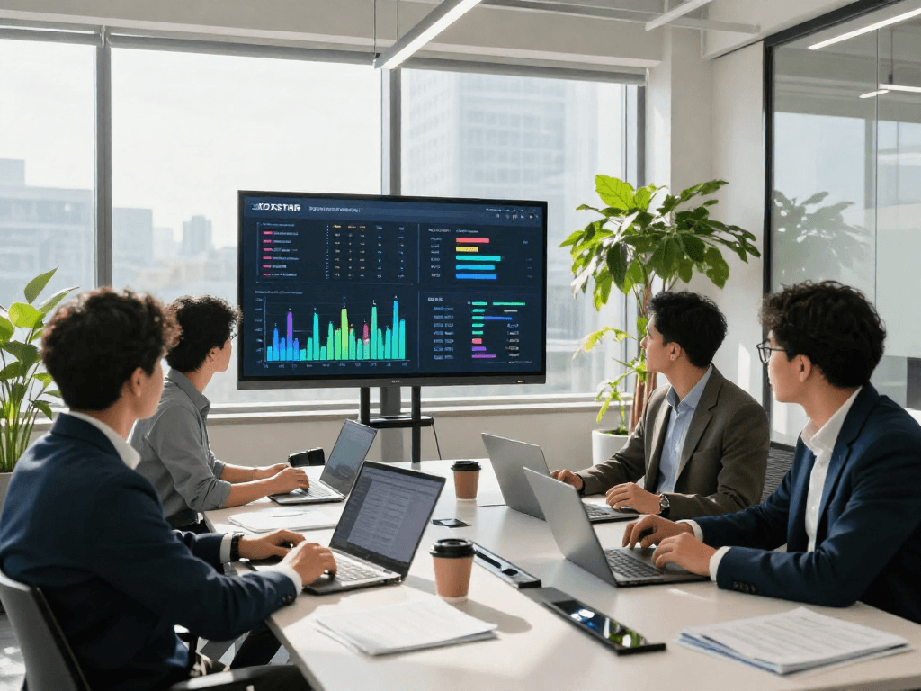 Business professionals analyzing IDXSTAR performance data in a modern workspace