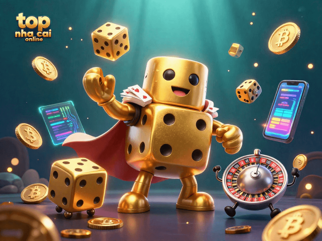 Engage with the top nha cai online scene featuring a golden dice golem amidst crypto coins and casino elements, illustrating casino excitement.