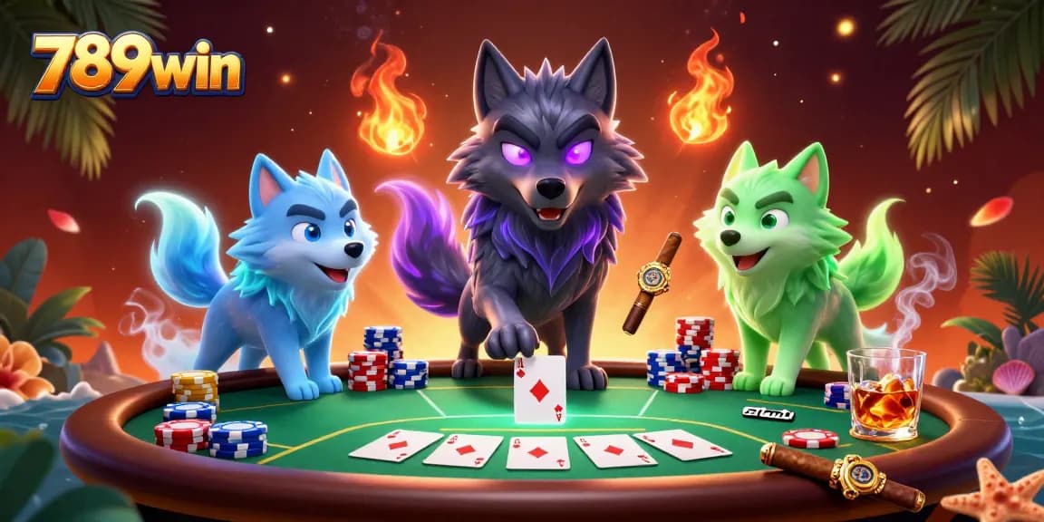 Experience thrilling gameplay with 789win's dynamic poker scene featuring spectral wolves and vibrant casino elements.