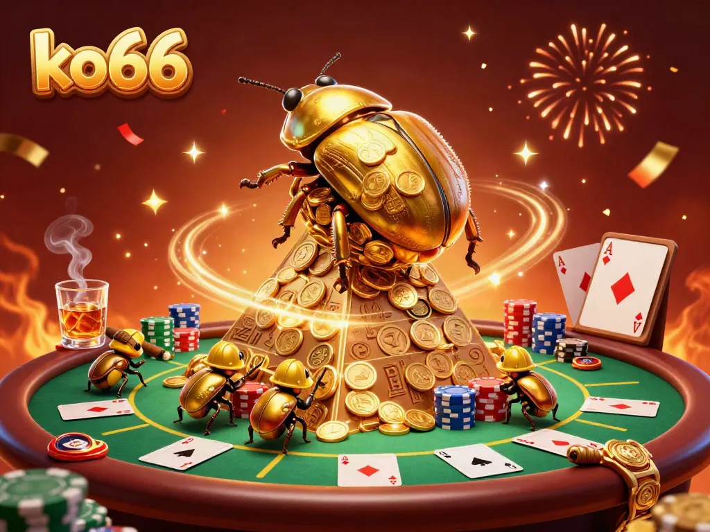 Engage with ko66 in a vibrant scene showcasing a golden dung beetle triumphing over a pyramid of coins amidst poker elements and celebratory fireworks.