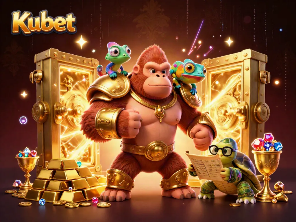 Kubet showcases a dynamic scene with a gorilla king, chameleon, and tortoise amid vibrant casino treasures.