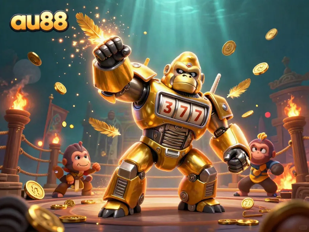 Experience thrilling gaming possibilities with au88's dynamic 3D casino illustration featuring a powerful mech and magical elements.