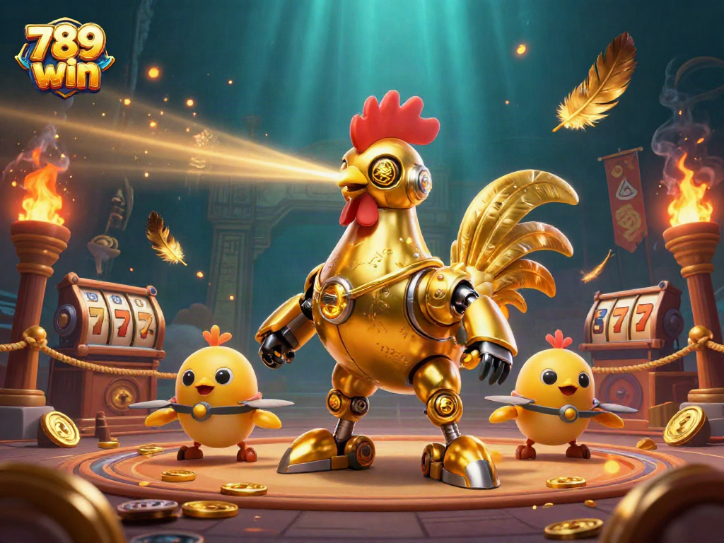 Experience 789 win excitement with a dynamic scene featuring golden rooster robot and baby chick drones.