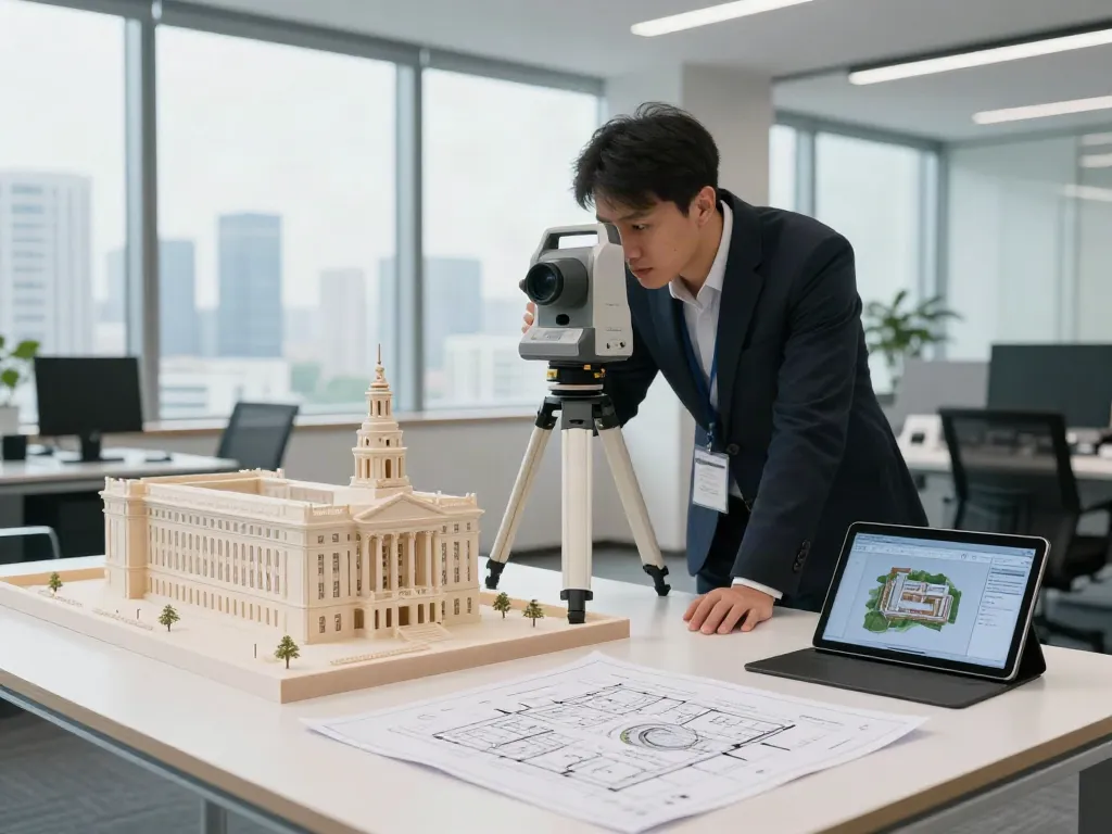 Measured Building Survey London scene with surveyor capturing detailed measurements in a modern office setting.