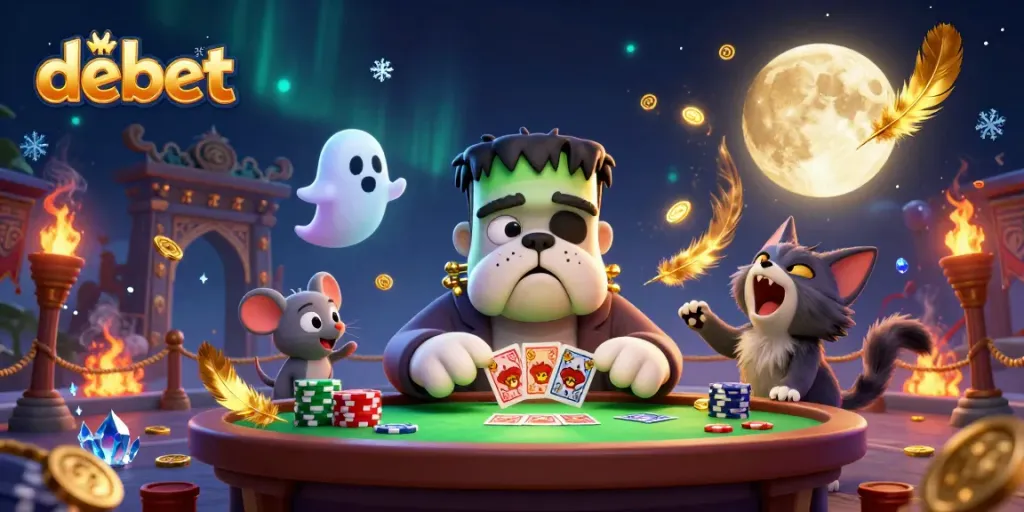 Experience thrilling gameplay at DEBET with a spooky casino scene featuring dynamic characters and vibrant effects.