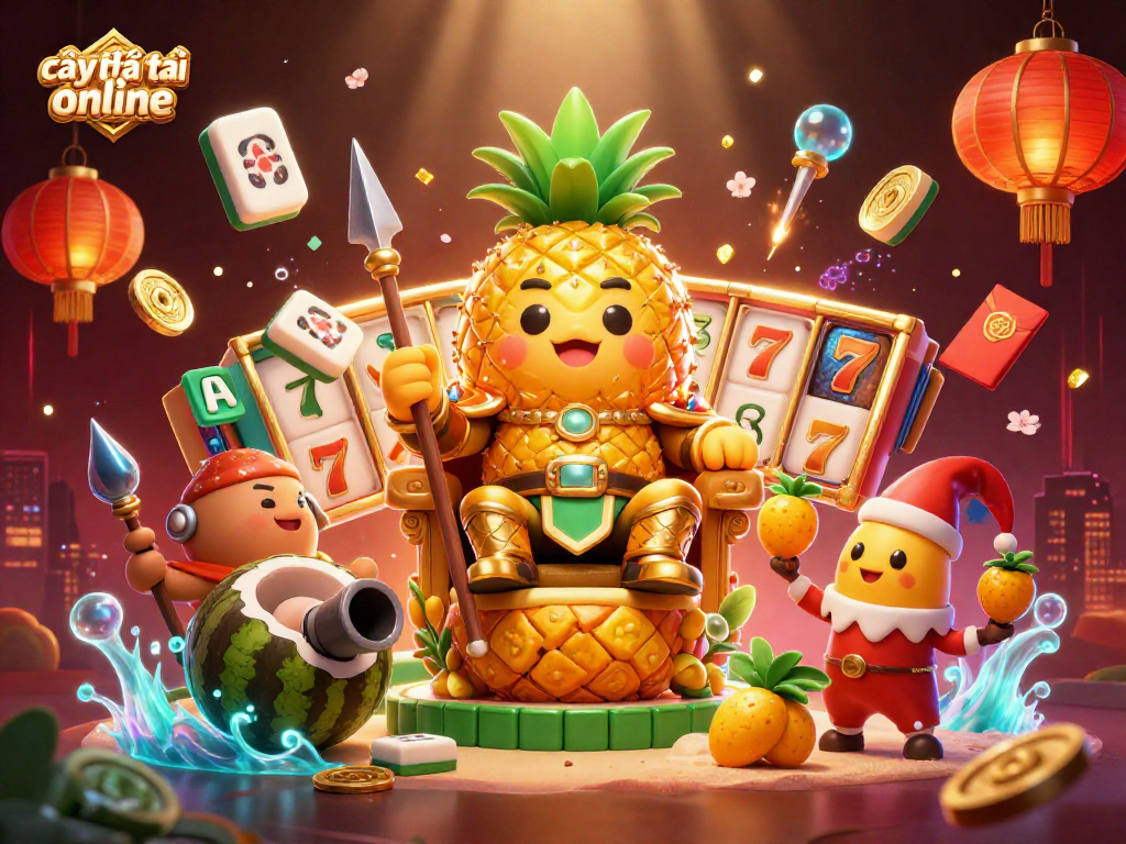 Experience the excitement of cây phát tài online with a vibrant 3D illustration of a golden pineapple king and playful characters in a lively casino setting.