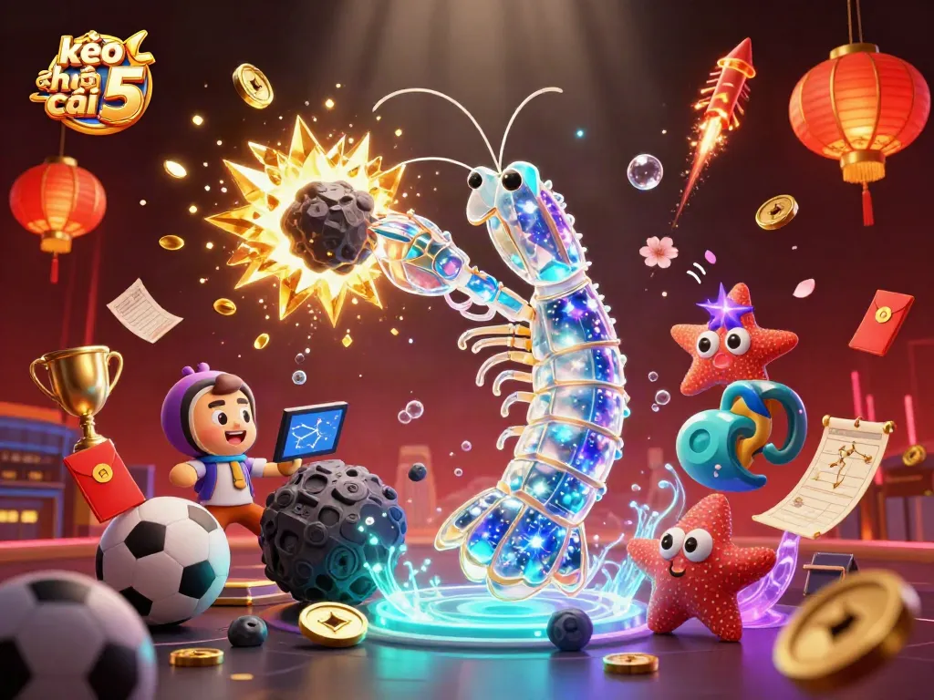 Engage with kèo nhà cái 5 featuring a galactic mantis shrimp and starfish amidst vibrant gaming elements.