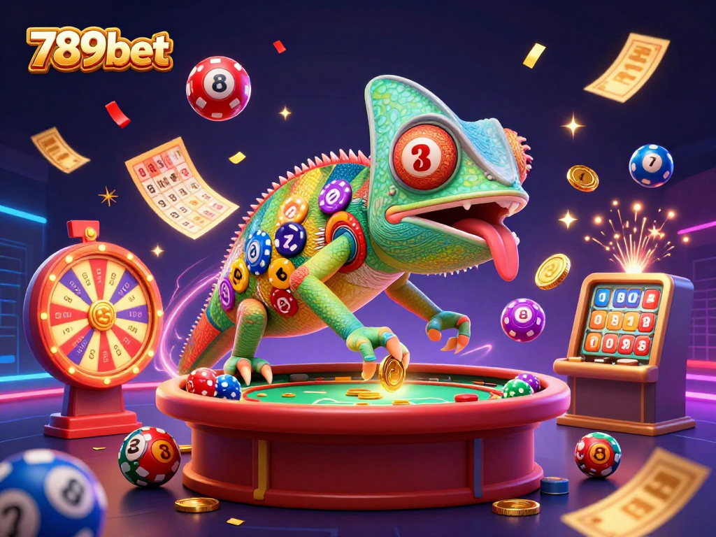 Experience exciting wins at 789bet with a chameleon casino owner amidst vibrant lottery games.