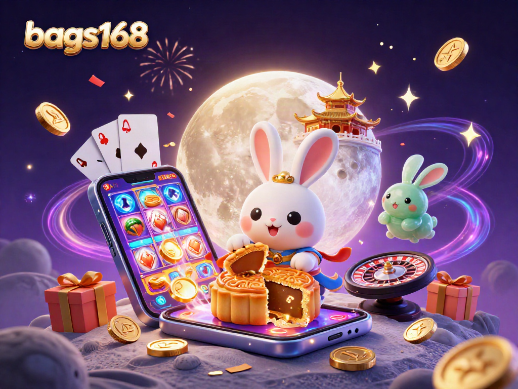 Bags168 features a captivating scene with a moon rabbit revealing poker chips, surrounded by vibrant casino elements.