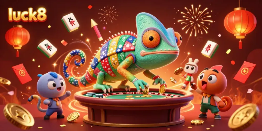 Experience luck8's vibrant casino atmosphere with a chameleon owner capturing golden coins in a festive scene.