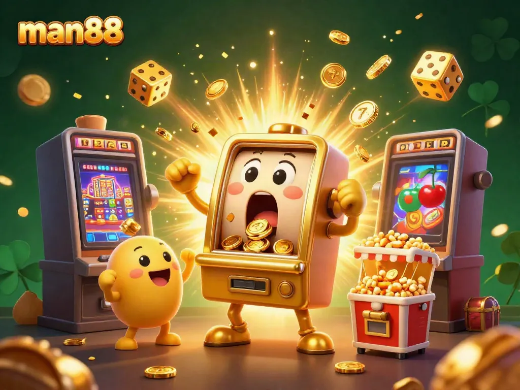 Experience the thrills of man88 as the golden slot machine hits a jackpot, surrounded by cheering baby machines and casino symbols.