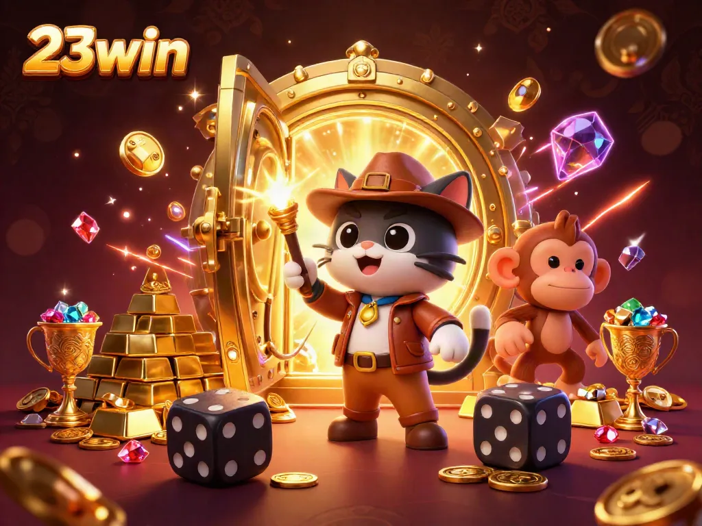 Experience the thrill of 23win in this vibrant 3D casino illustration full of treasure and excitement.