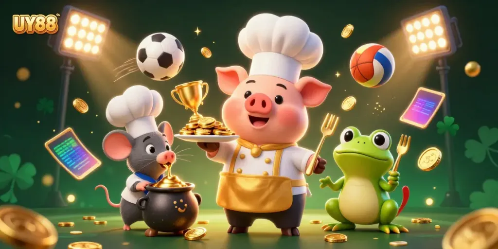 Experience the excitement of UY88 casino gaming with a vibrant 3D chef pig and friends amidst golden coins and sports elements.