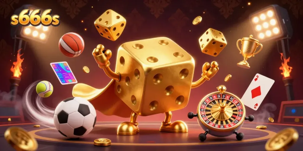Experience the excitement of s666s with dynamic 3D characters and casino-themed elements in an immersive illustration.