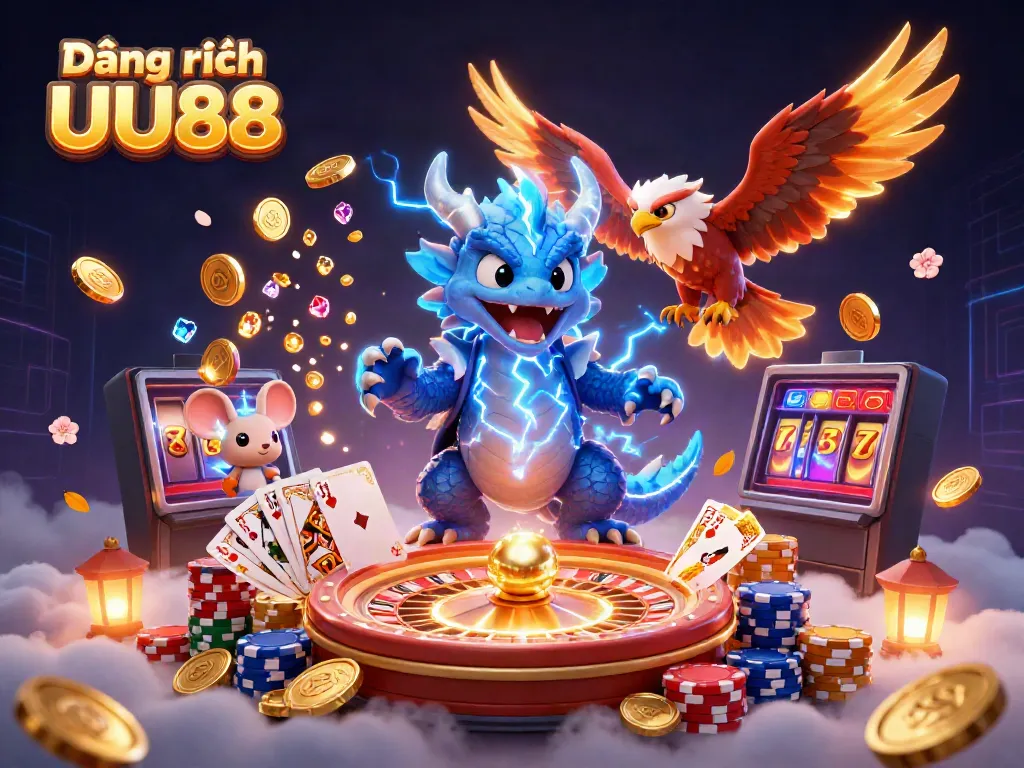 Experience the thrill of Đăng ký UU88 with vibrant casino elements and dynamic characters.