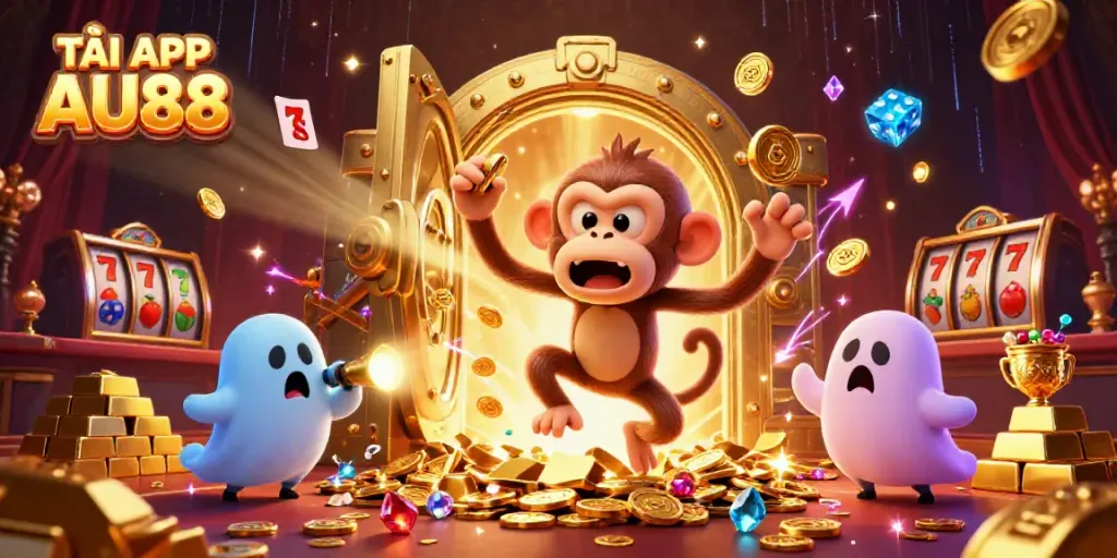 TẢI APP AU88 offers a mischievous monkey juggler in a vibrant haunted casino scene.