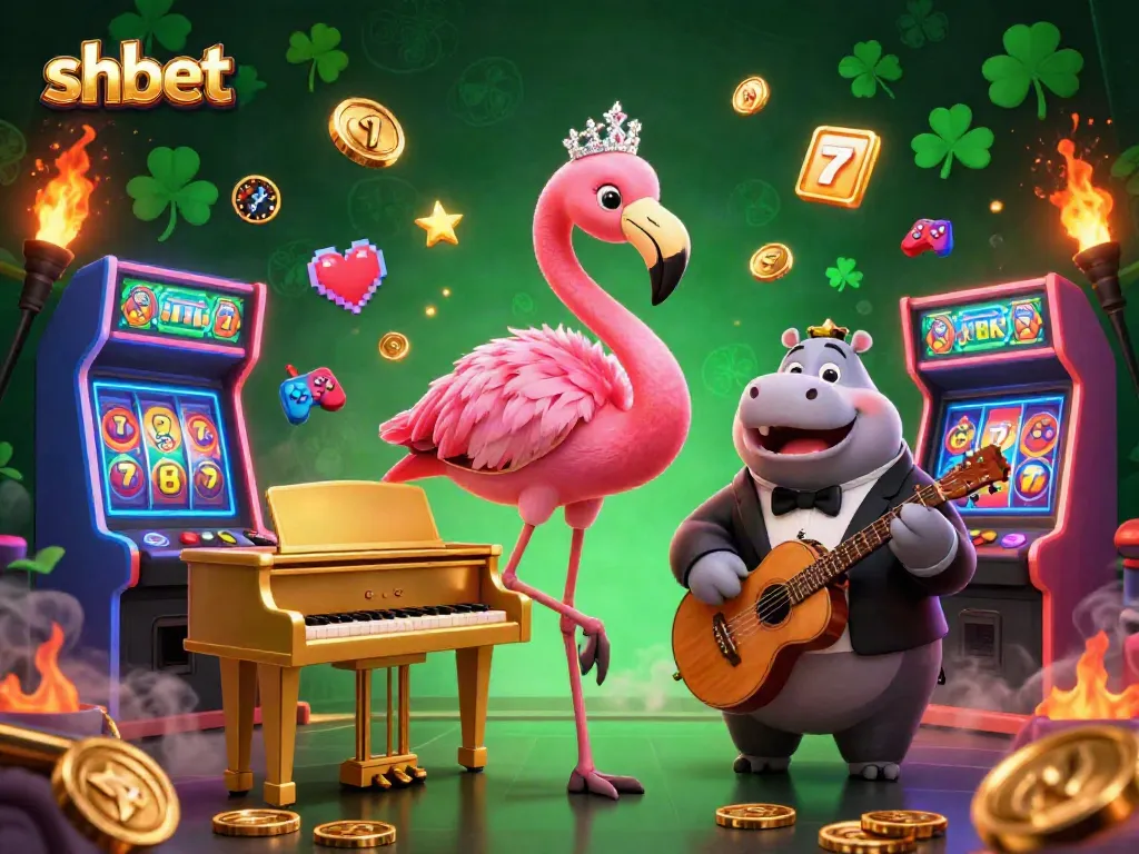 Engage in exciting gaming at shbet with a vivid 3D casino atmosphere featuring cartoon singers and slot machines.