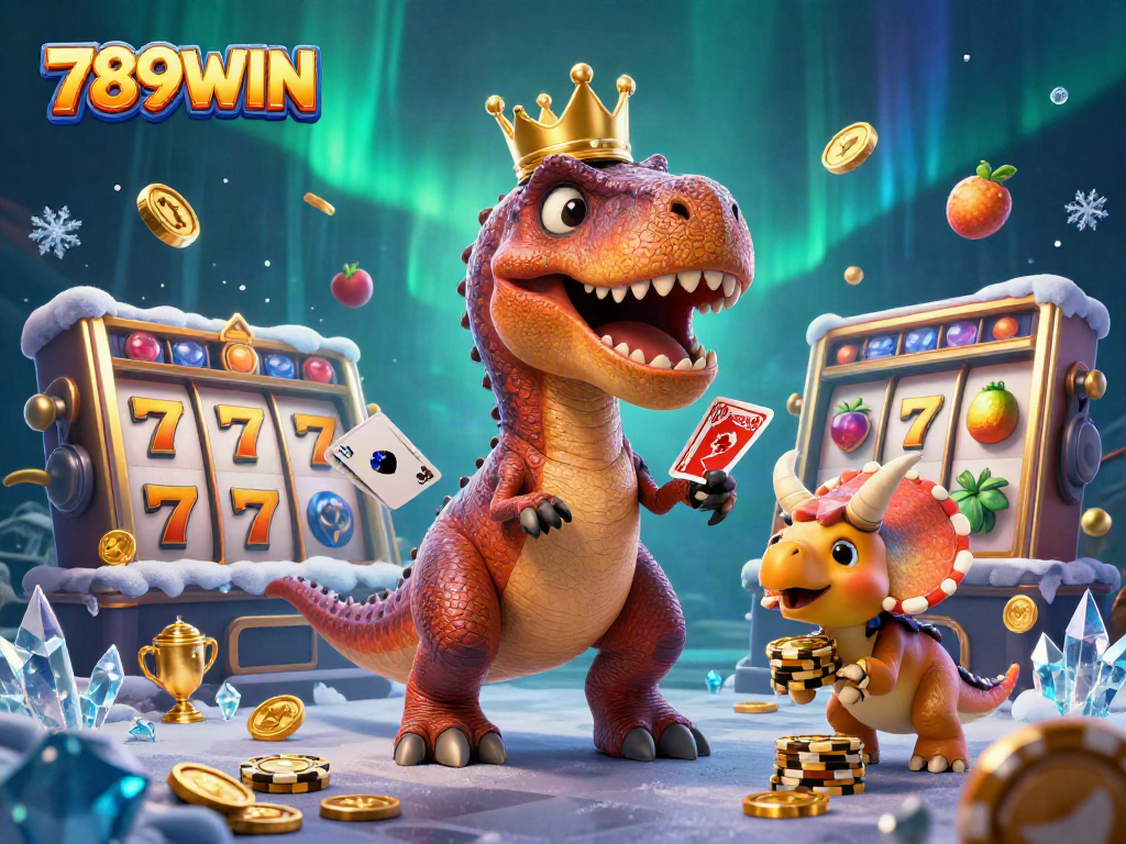 Engage with 789WIN in this vivid illustration showcasing a T-Rex shuffling casino cards, highlighting gaming excitement.
