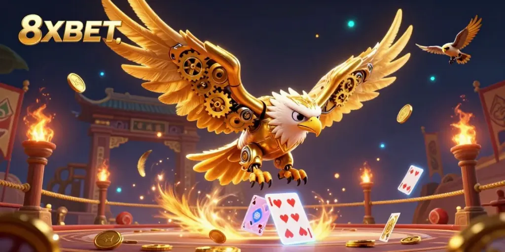 Engage in thrilling gameplay with 8XBET's vibrant casino scene featuring a cybernetic eagle amidst playing cards.