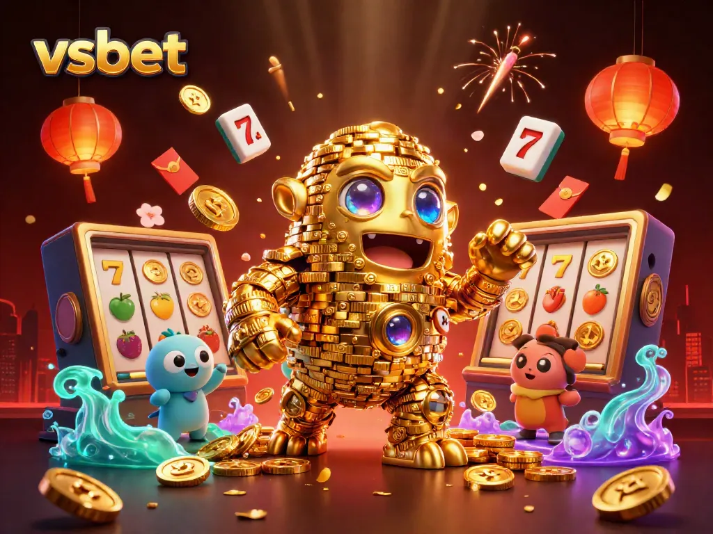 Experience the excitement of vsbet with a dynamic 3D illustration showcasing golden golems and spinning slots.