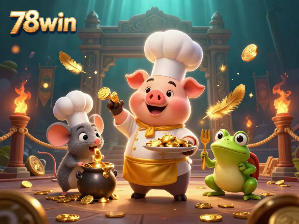 Experience the excitement of 78win at a lavish victory feast featuring animated characters serving gold coins.
