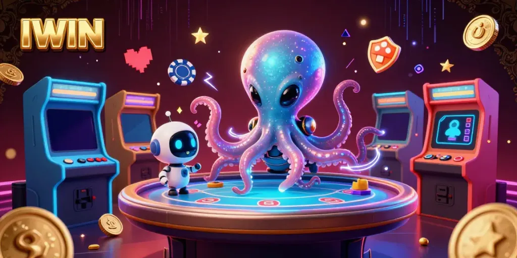 IWIN showcases an exciting alien casino scene with an octopus and robot, operating a holographic poker table.