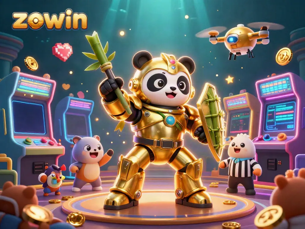 Experience exciting gameplay at Zowin as a 3D mech-suit panda battles in a vibrant casino universe.