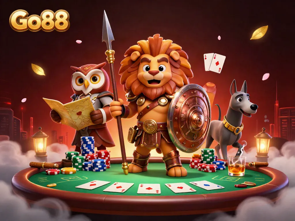 Experience Go88’s exciting casino games with a dynamic poker-themed illustration featuring heroic characters.