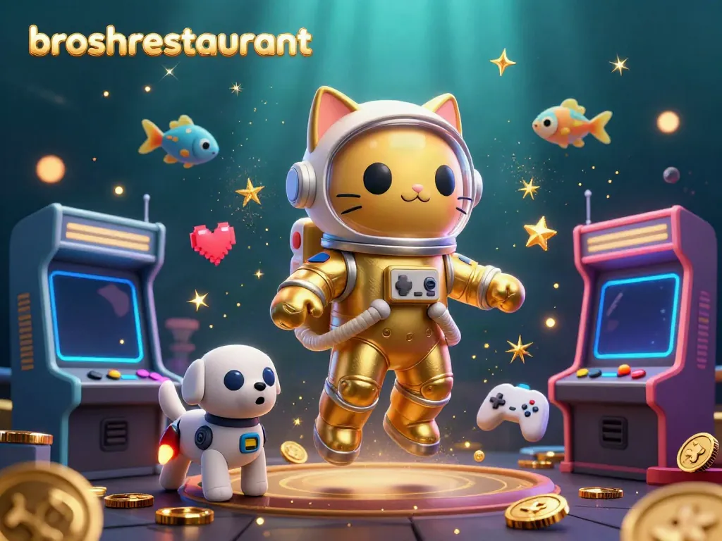 Engage with broshrestaurant's vibrant 3D casino scene featuring a golden astronaut cat, robot dog, and cosmic arcade elements.