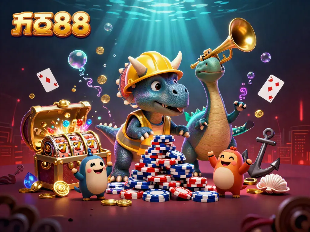 Engage with five88's vibrant gaming scene featuring a triceratops building a poker chip pyramid in a dynamic casino environment.