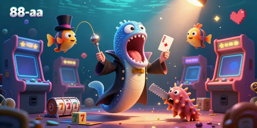 Experience the magic of gambling with 88-aa as a deep-sea gulper eel performs card tricks amid colorful casino elements.