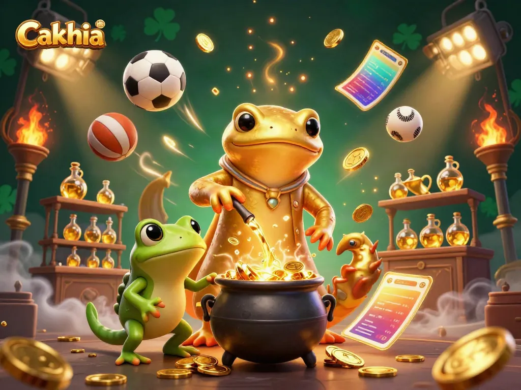 Cakhia engages viewers with a golden salamander alchemist transforming metals into gold coins while surrounded by dynamic sports elements.