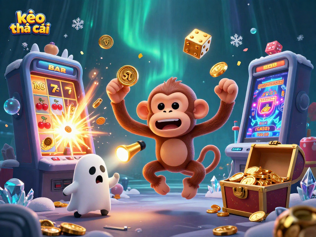 Engage with kèo nhà cái through a vibrant casino scene featuring a poltergeist monkey and ghost-hunter puppy.