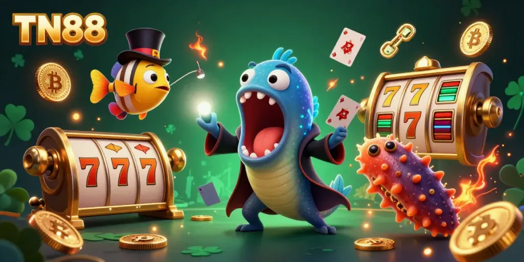 Experience thrilling TN88 casino magic with a bioluminescent eel and friends in a vibrant scene.