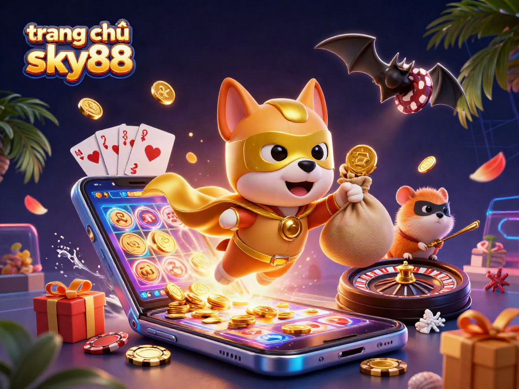 Experience the excitement of gaming at trang chủ sky88 with a vibrant 3D scene featuring colorful slots, coins, and action!