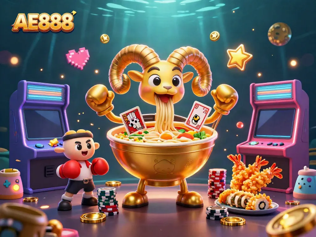 Engage with the vibrant AE888 casino scene featuring a giant ramen bowl character and casino-themed elements.