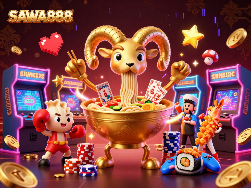 SAWA888 offers vibrant gaming energy with a 3D cartoon ramen bowl character dealing cards amidst immersive visuals.
