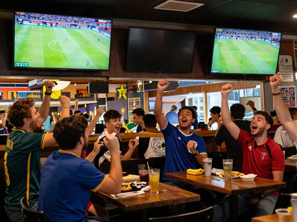 Fans enjoying a live football match at Gavangtv in a lively sports bar atmosphere.