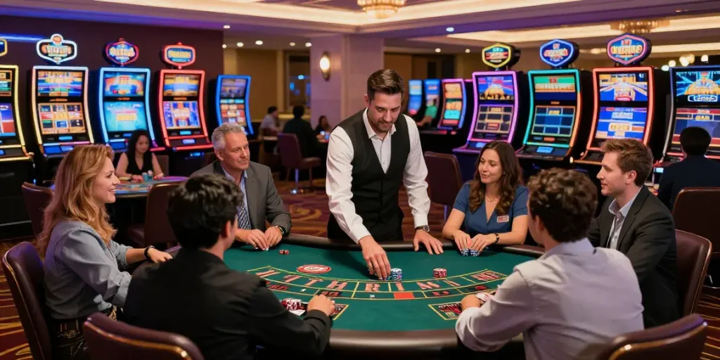 9bet players enjoying a lively atmosphere at a casino with diverse gaming options and engaging dealers.