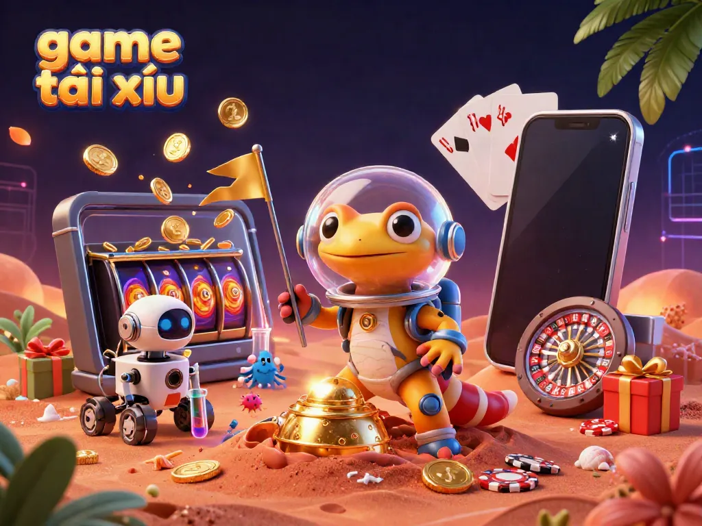 Experience the excitement of game tài xỉu with a Martian gecko in a vibrant casino setting full of fun elements.