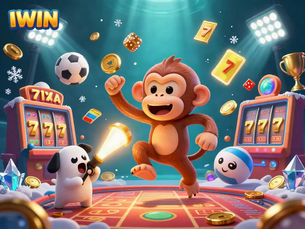 IWIN casino scene featuring a playful poltergeist monkey juggling golden items surrounded by dynamic casino elements.