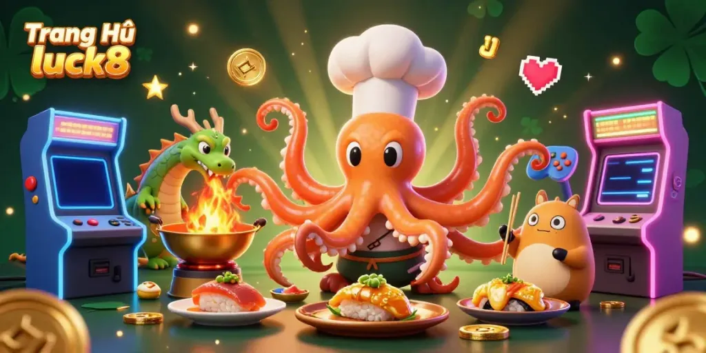 Engage with Trang Chủ luck8 as a sushi chef octopus and friends create golden dishes in a vibrant casino setting.