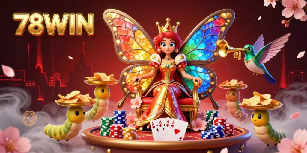 Immerse in the vibrant world of 78WIN, where a butterfly queen reigns amidst casino elements, creating a thrilling gaming atmosphere.