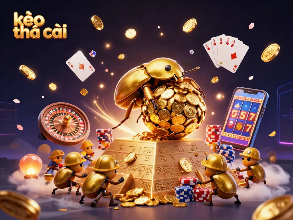 Engage with kèo nhà cái on an exciting 3D illustrated scene filled with golden coins and casino elements.