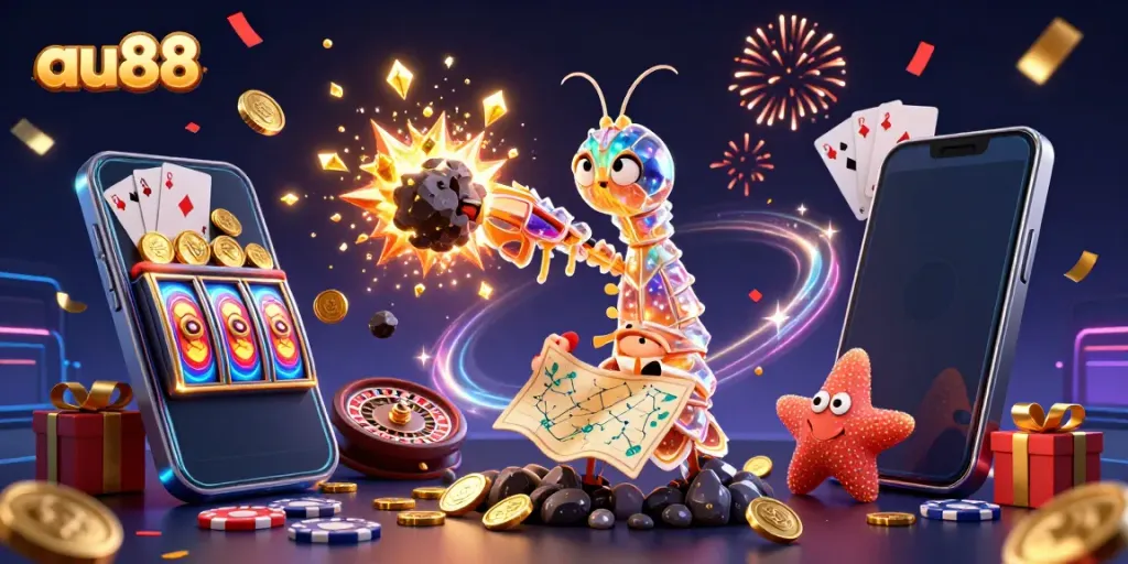 Engage with au88's vibrant 3D casino scene featuring a galactic mantis shrimp and slot games.