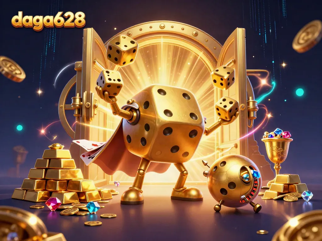 Engage in thrilling gameplay with daga628's vibrant casino-themed 3D illustration featuring golden dice and treasure.