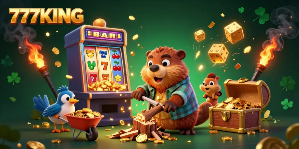 Engage with 777KING's vibrant casino scene featuring playful characters and dynamic gaming elements.