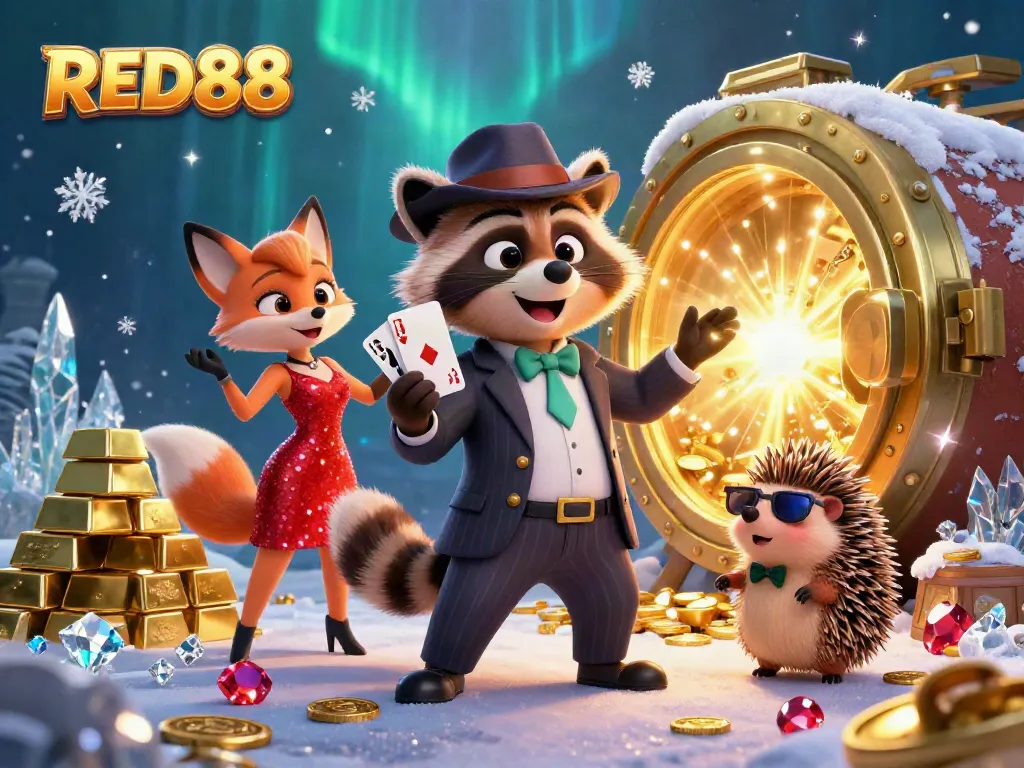 Engage with RED88's vibrant gaming world featuring a charming raccoon and fox in a dynamic casino scene.