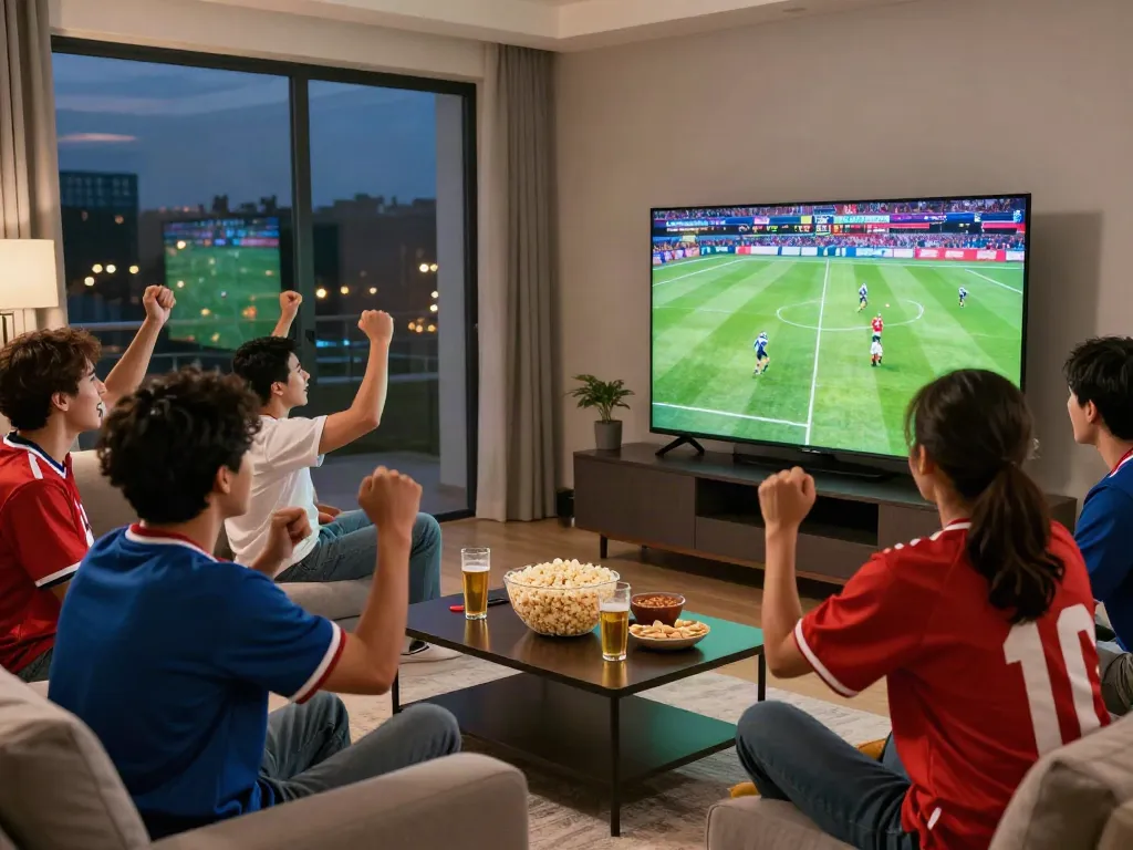 Friends enjoying a football match on Thapcamtv in a cozy living room.